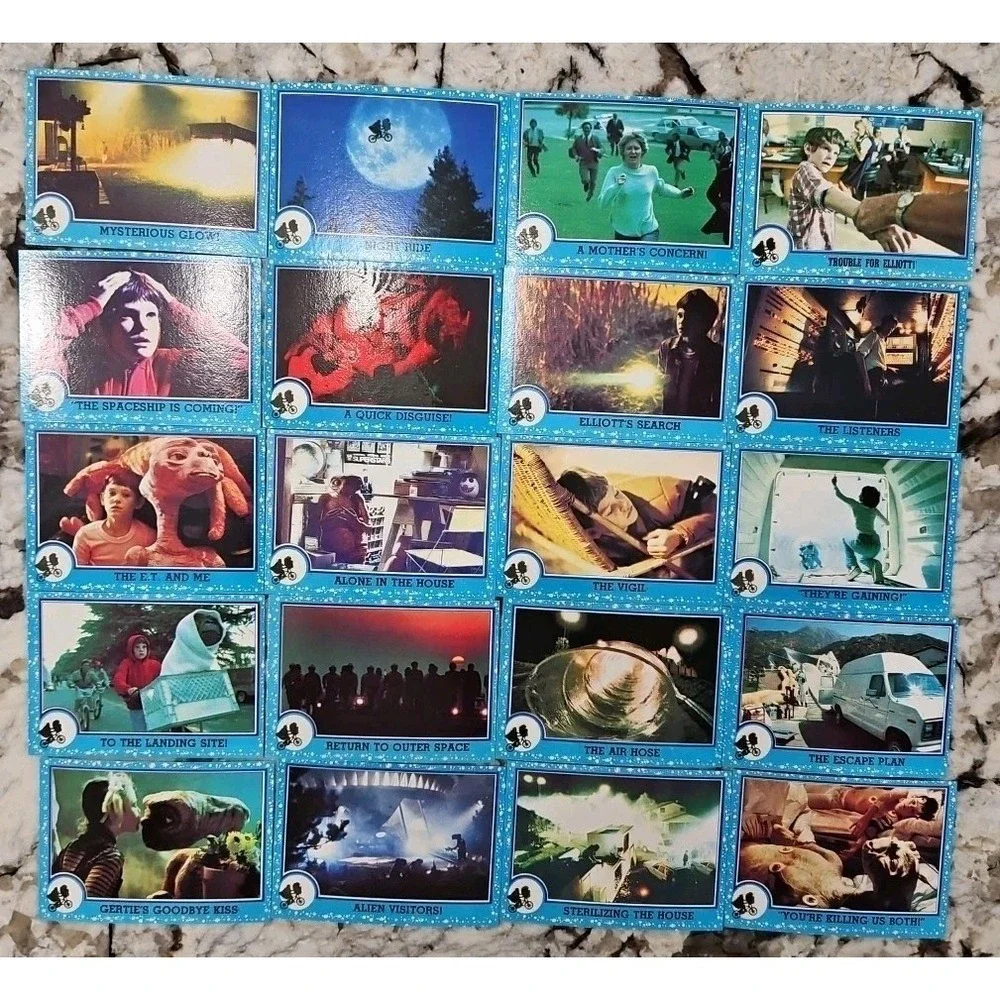 E.T. movie cards (vintage TOPPS, 1982) LOT OF 65 -Drew Barrymore, Spielberg etc.